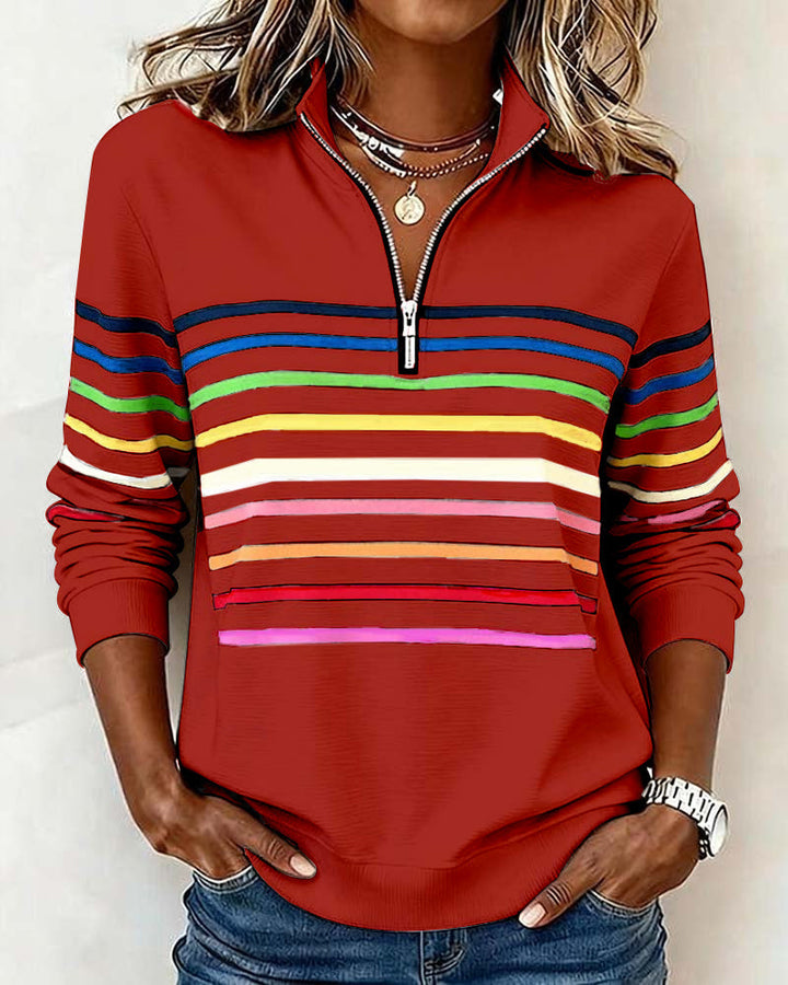 Arcadia | Sweat-shirt pour femme avec demi-fermeture éclair et rayures arc-en-ciel
