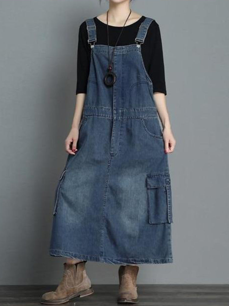 Løs denim overallkjole til kvinder