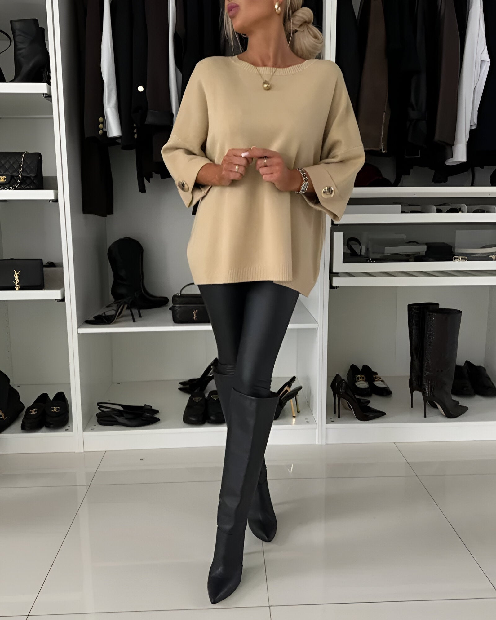 Women's Elegant Metal-Button Cuff Sweater