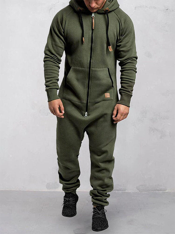 Herren-Jumpsuit aus Fleece mit Kapuze, Reißverschluss und einfarbigem Design