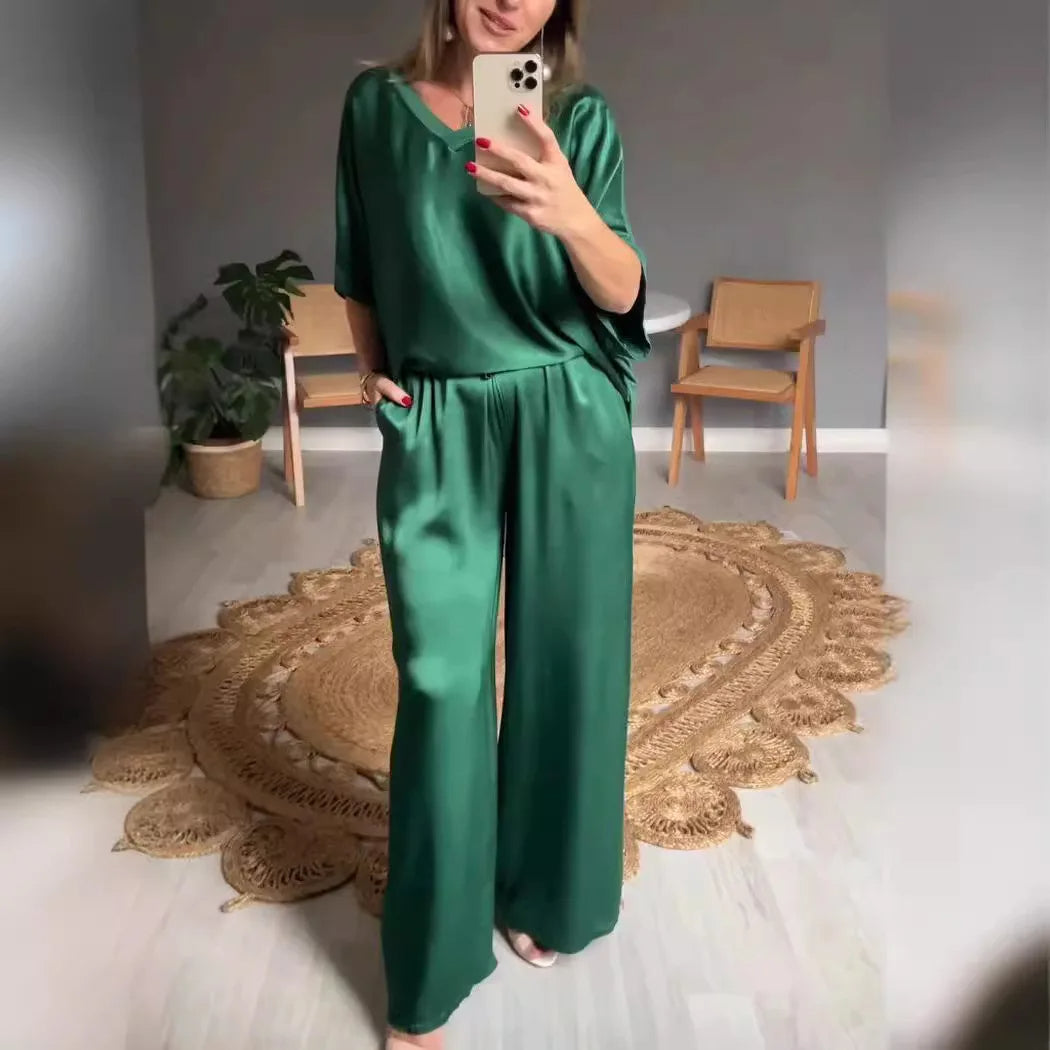 Summer Short-sleeved T-shirt Two-piece Set For Women Green