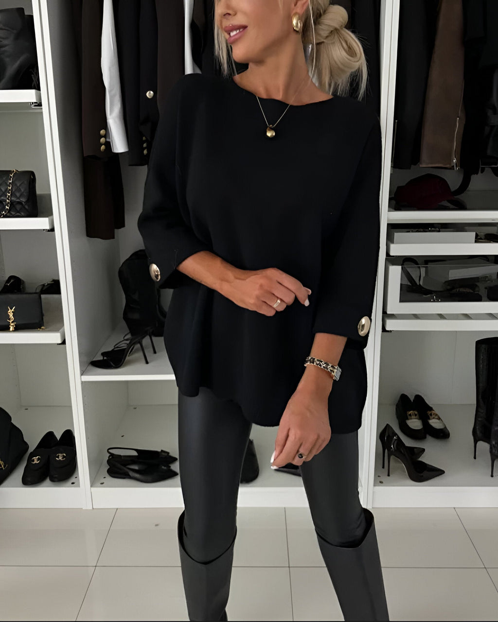 Women's Elegant Metal-Button Cuff Sweater Black