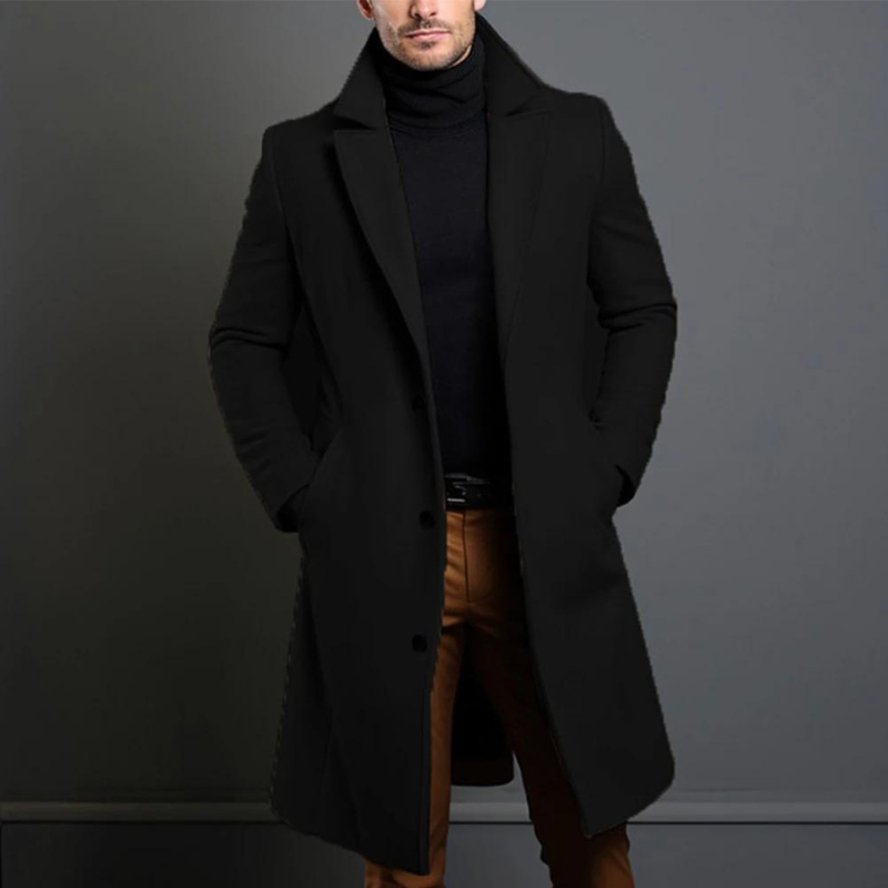 Men's Knee-Length Tailored Overcoat – Elegant Comfort Black