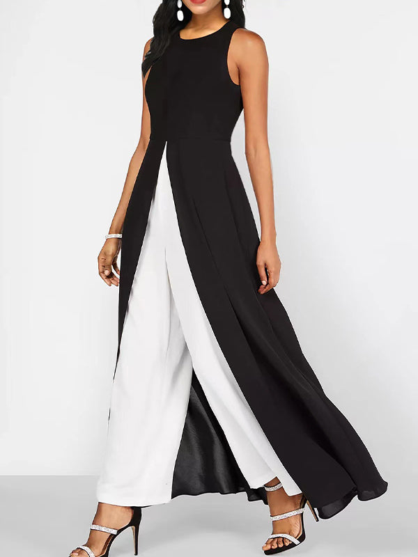 Women's Patchwork Crew Neck Sleeveless Jumpsuit Outfit