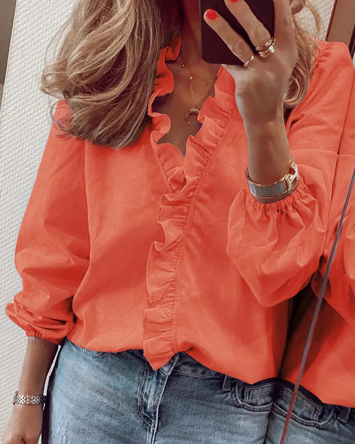 Womens Long Sleeve Ruffled Blouse-MODAUTLET