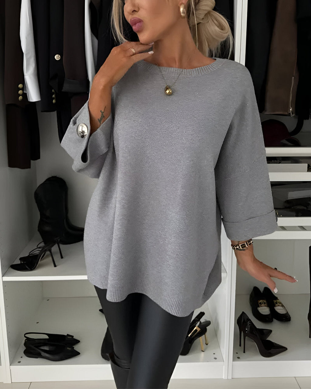 Women's Elegant Metal-Button Cuff Sweater Gray