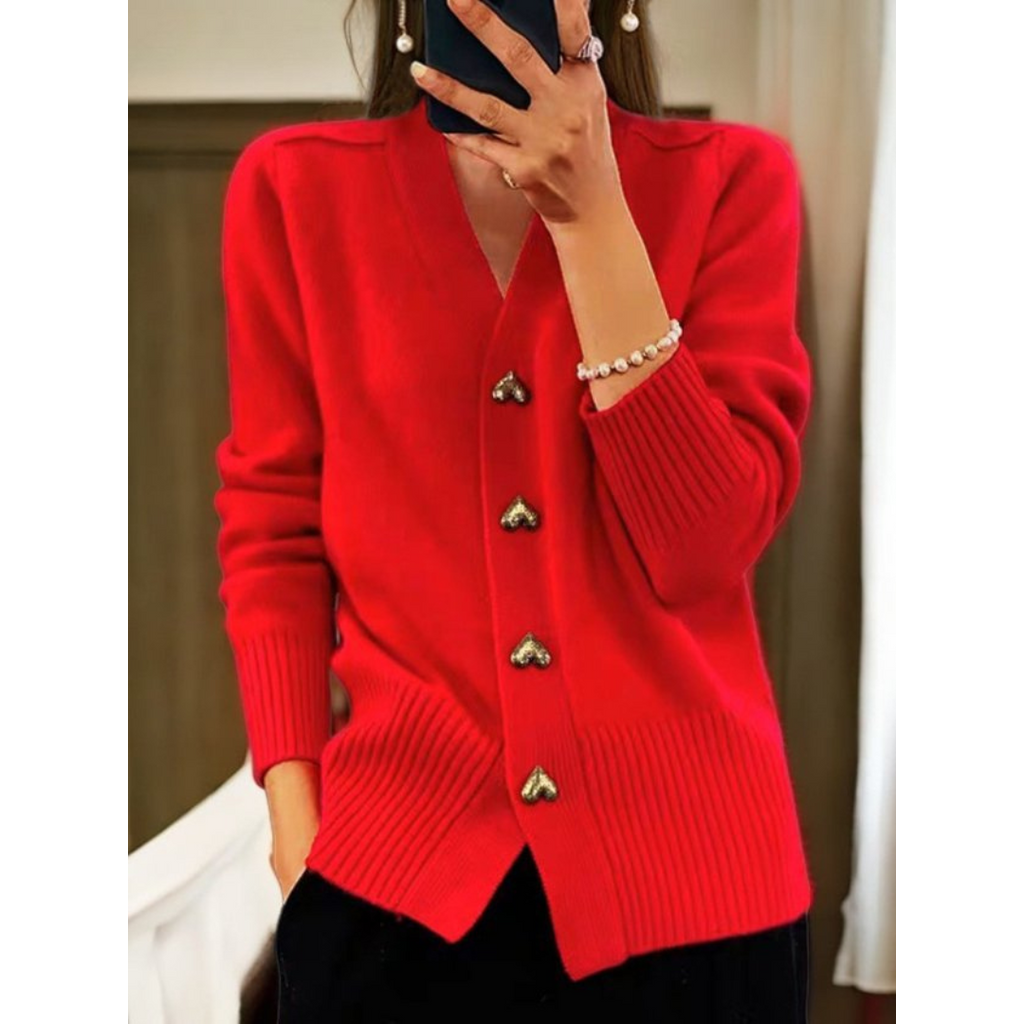 Chic Button-Up Cardigan with Gold Heart Accents Red