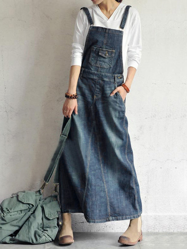 Women's Casual Vintage Back Slit Denim Overall Dress