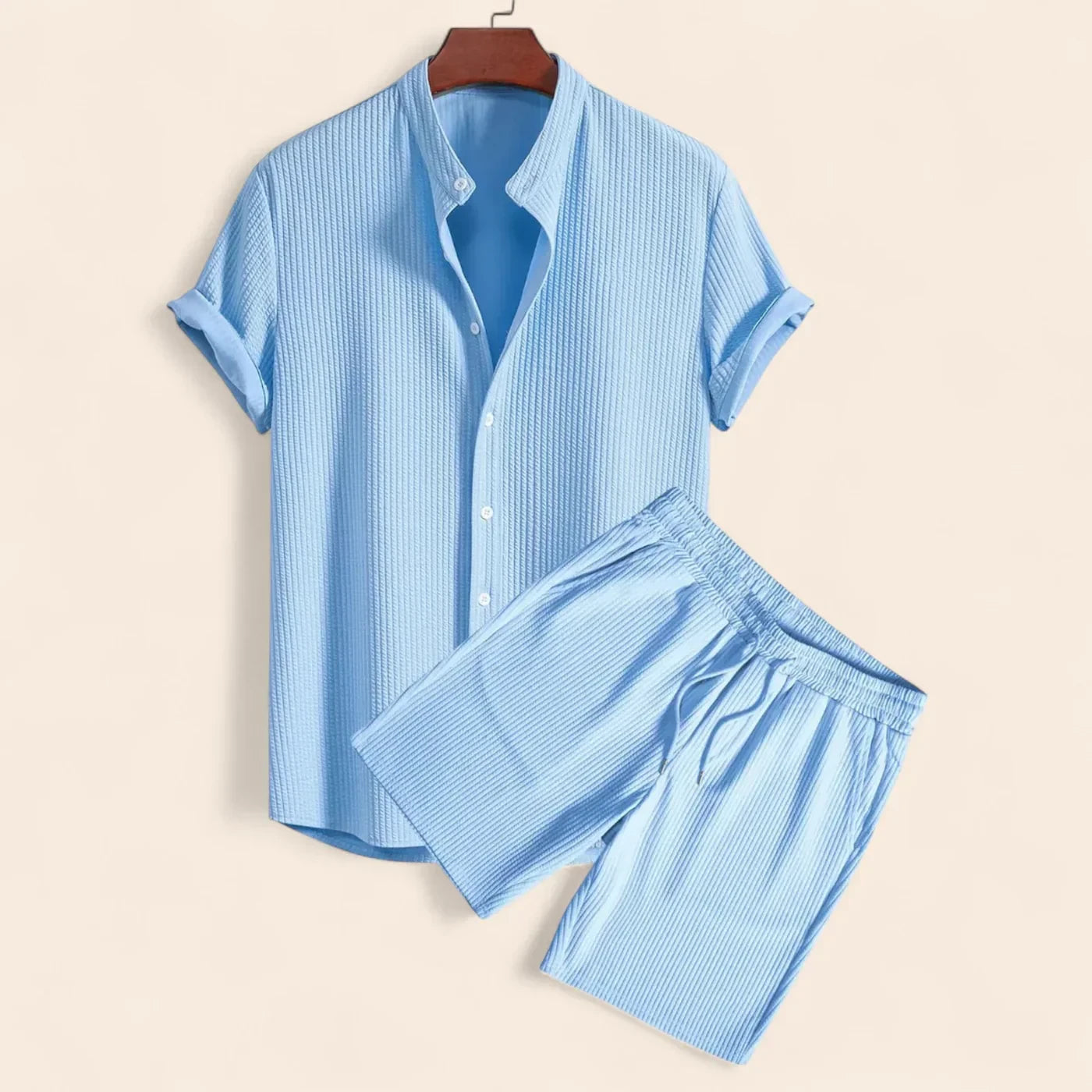 Linen Two Piece Set For Men Relaxed Fit Top And Trousers Blue