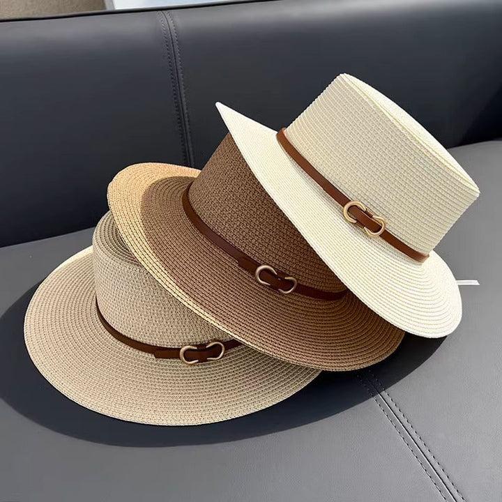 Chapéu de Palha Feminino Plano de Verão com Proteção UV para Uso à Beira-Mar