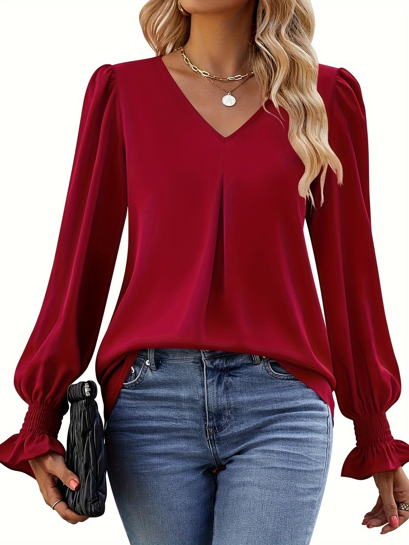 Women's Versatile V-Neck Pleated Top Red