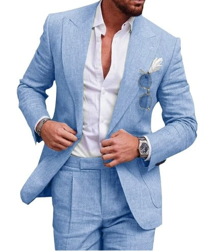 Mens Linen Suit Slim Fit 2 Piece Set Blazer Pants Summer Blue