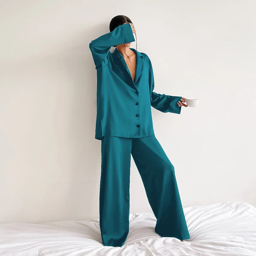 Ultra-Luxe Women’s Silk Wide-Leg Pajama Set Turquoise