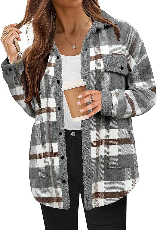 Women's Cozy Plaid Fleece Jacket Grey