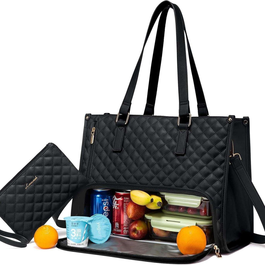 2 In 1 Lunch Tote Bag For Work And Laptop Insulated Carrier Black 36x16x30cm