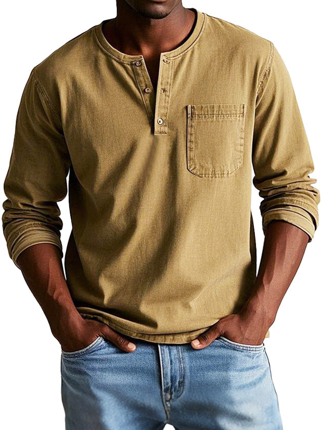 Mens Long Sleeve Henley Shirt Soft Cotton Blend Casual-MODAUTLET