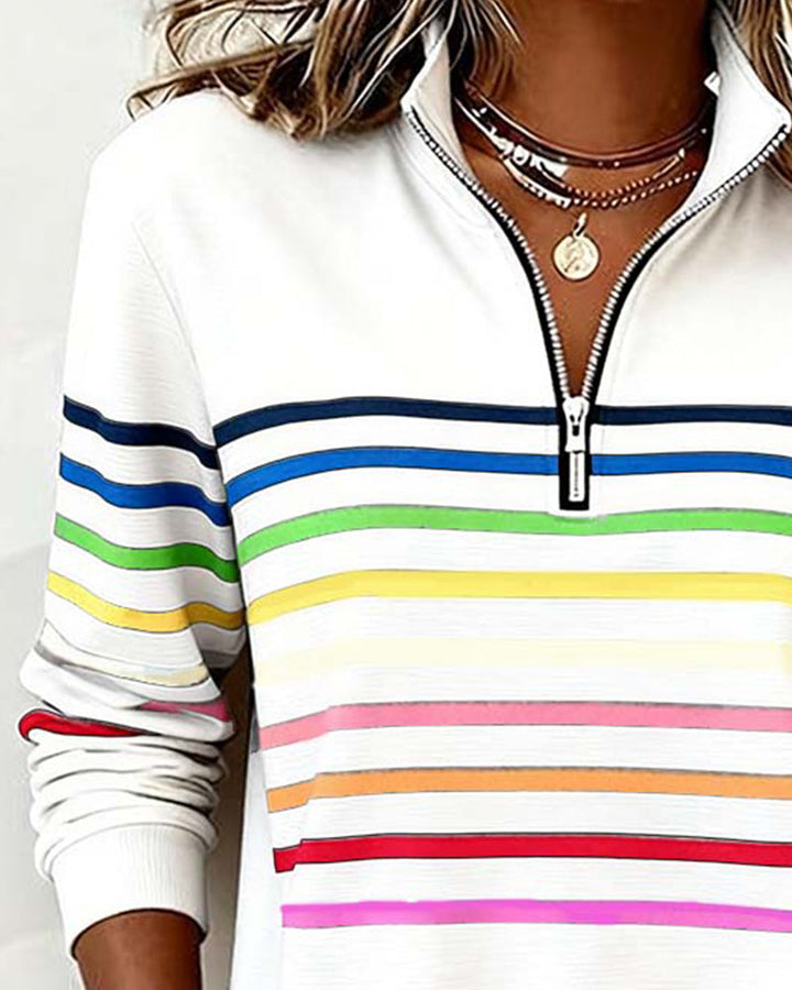 Arcadia | Sweat-shirt pour femme avec demi-fermeture éclair et rayures arc-en-ciel