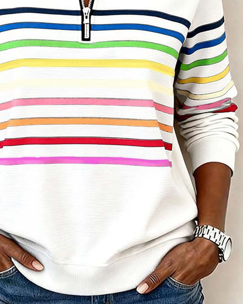 Arcadia | Sweat-shirt pour femme avec demi-fermeture éclair et rayures arc-en-ciel