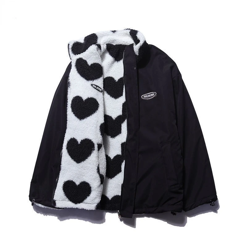 Women Fleece Jacket Heart Design Cozy Warm Winter Wear Black