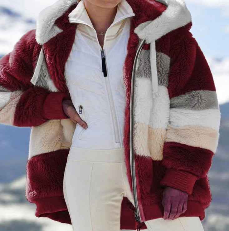 Teddy Fleece Jacket Warm Plush Coat For Women Winter Wine Red
