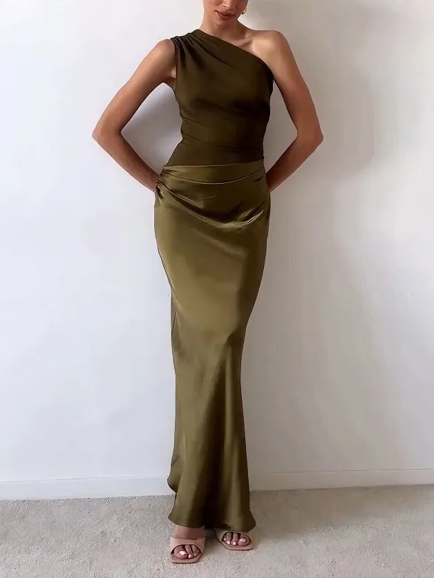 Women's Elegant One Shoulder Neck Pleated Party Maxi Dress