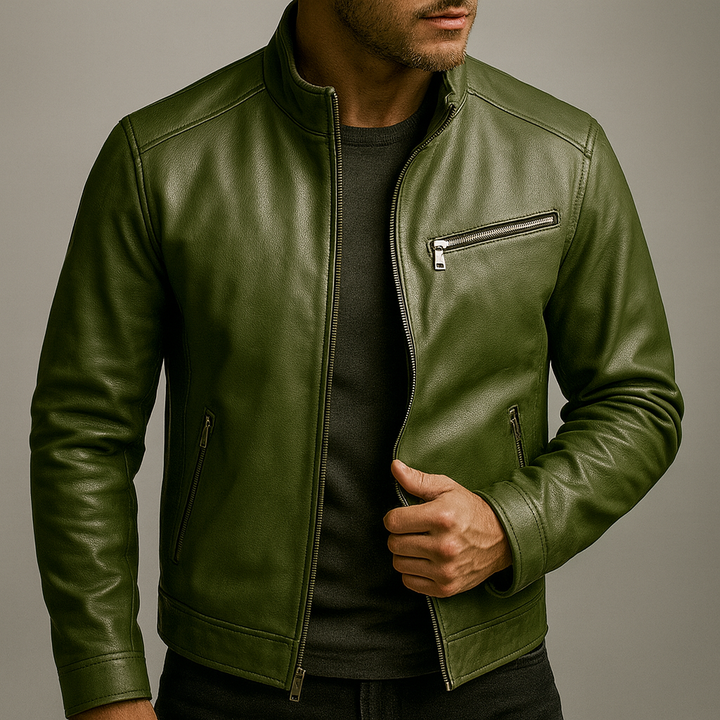 Veste pour homme en cuir avec col bordé de velours côtelé