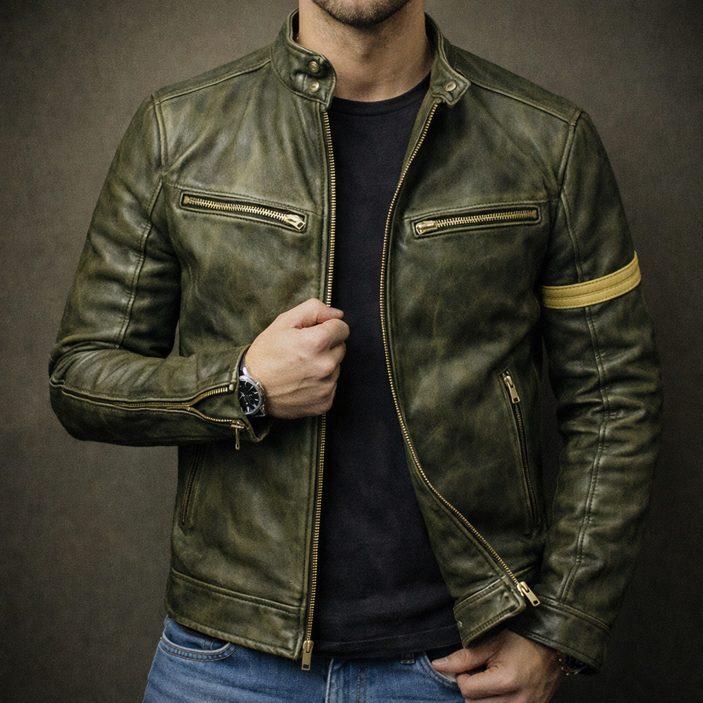 Veste en cuir patiné pour homme à 4 poches zippées