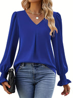 Women's Versatile V-Neck Pleated Top Blue