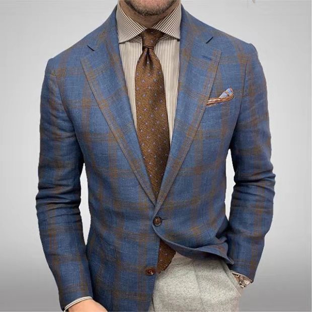 Linen Blazer For Men Formal And Casual Wear Lightweight Blue checked