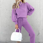 Women's Cozy Oversized Mock Neck Sweatshirt & Relaxed Jogger Pants Set - Stylish Loungewear Purple