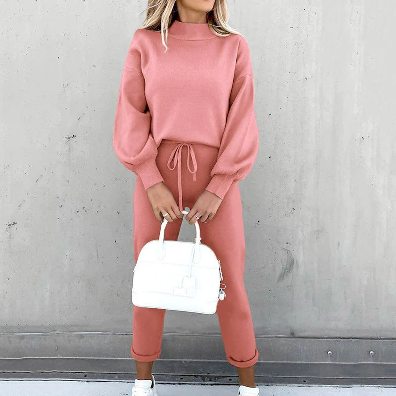 Cozy Oversized Mock Neck Sweatshirt & Relaxed Jogger Pants Set for Women Pink