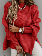 Women’s Knitted Sweater with Side Slit – Cozy Casual Knit Pullover Red