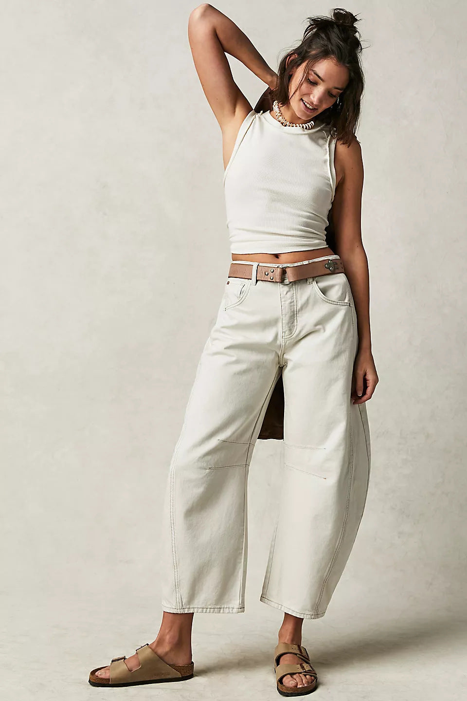 High-Stretch Mid-Rise Barrel Jeans White