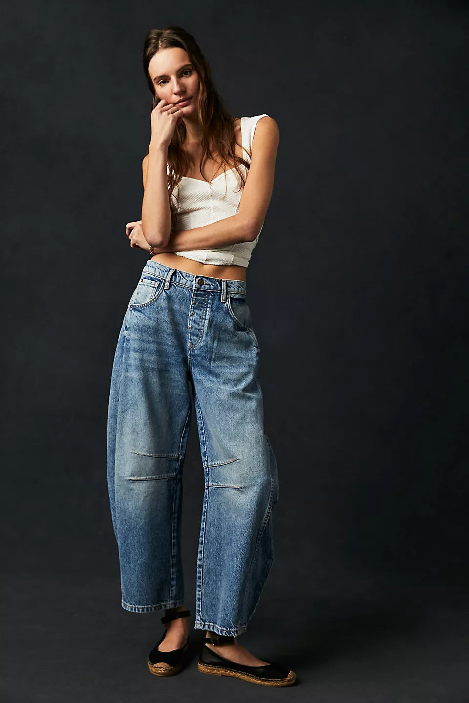 High-Stretch Mid-Rise Barrel Jeans Dark Blue