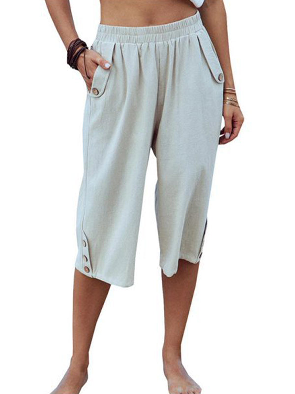 Women's Casual Cotton Elastic Waist Capris
