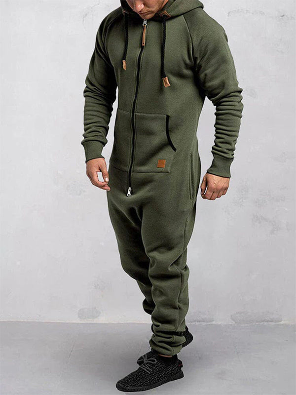 Herren-Jumpsuit aus Fleece mit Kapuze, Reißverschluss und einfarbigem Design