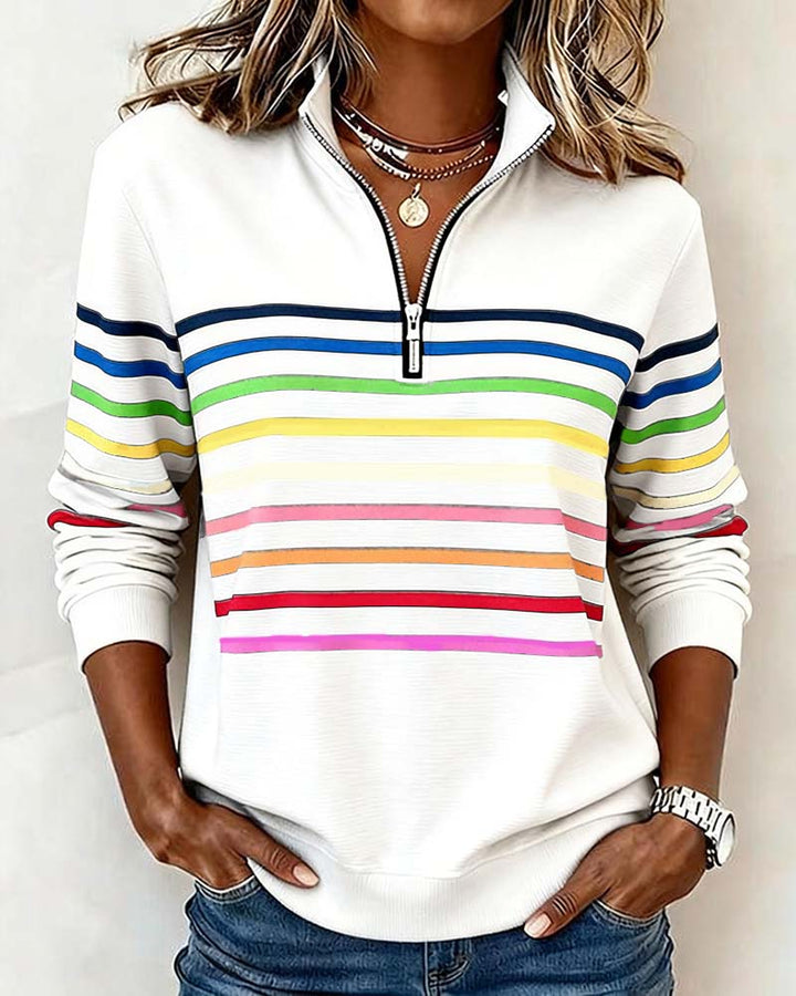Arcadia | Sweat-shirt pour femme avec demi-fermeture éclair et rayures arc-en-ciel