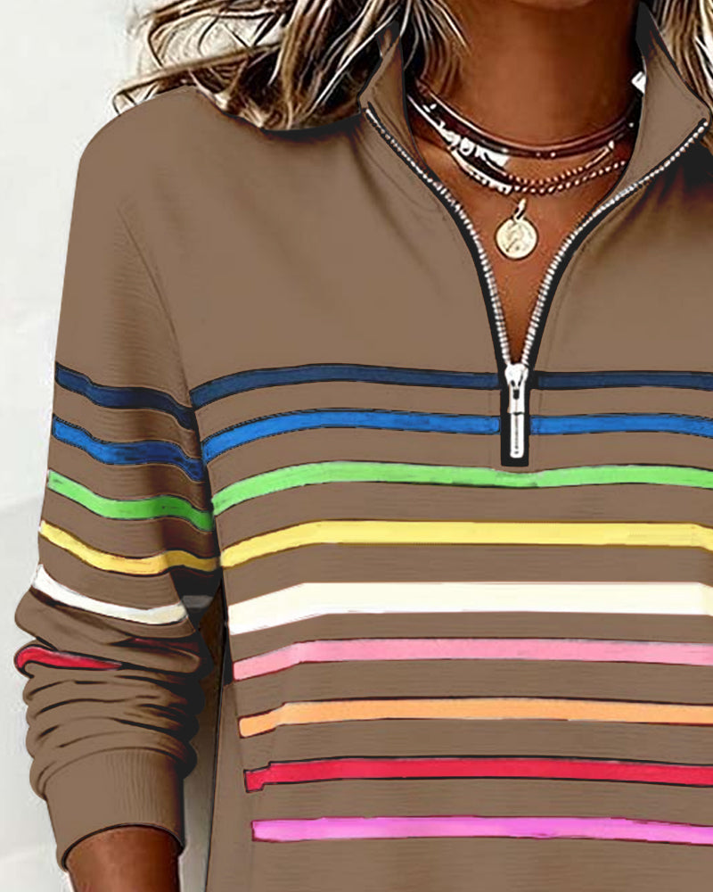 Arcadia | Sweat-shirt pour femme avec demi-fermeture éclair et rayures arc-en-ciel