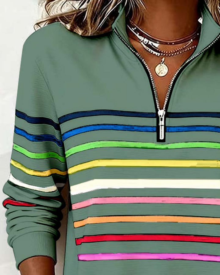 Arcadia | Sweat-shirt pour femme avec demi-fermeture éclair et rayures arc-en-ciel