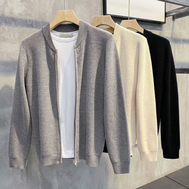 Men's Ribbed Zip-Front Cardigan with Relaxed Fit