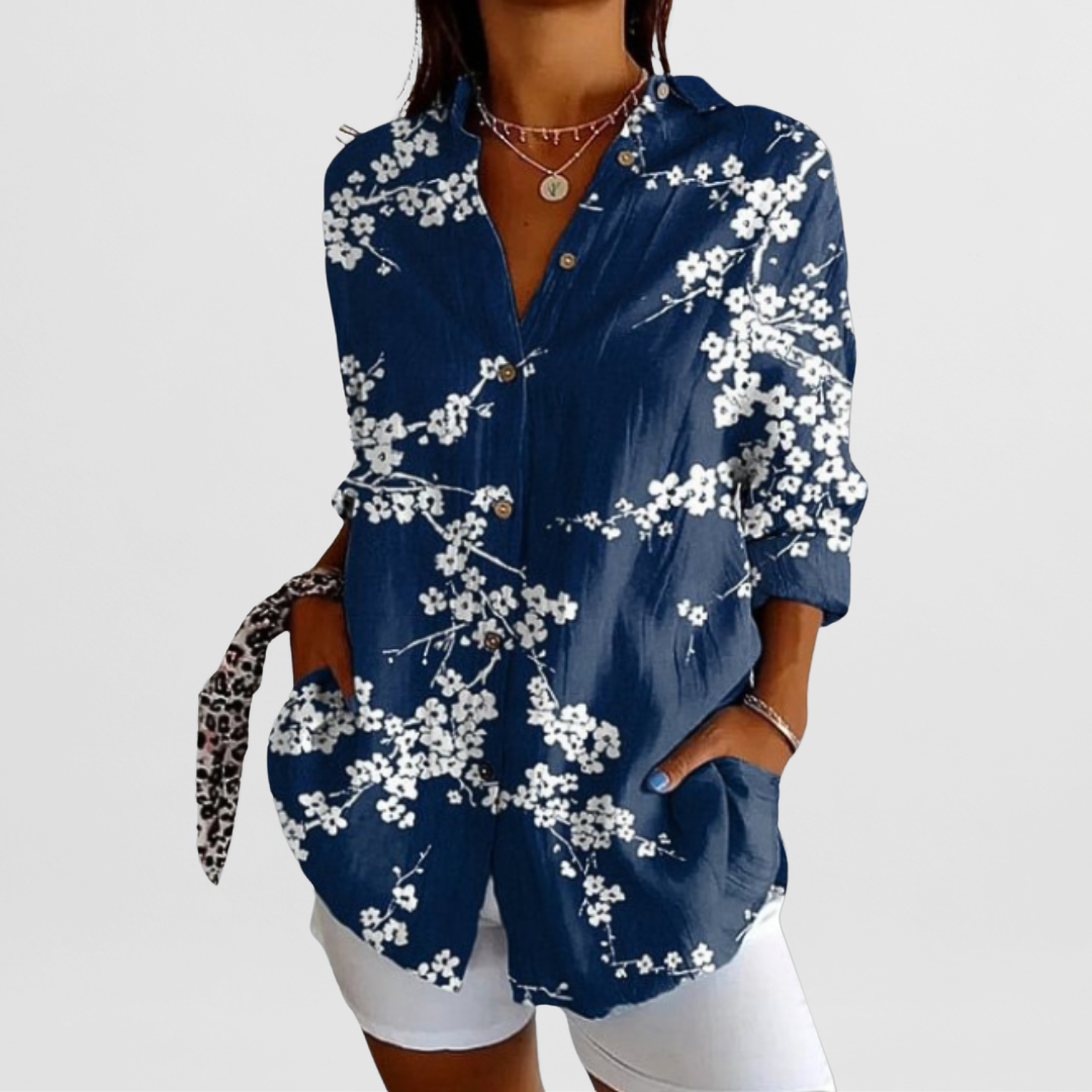 Women's Elegant Vintage Floral Blouse Blue