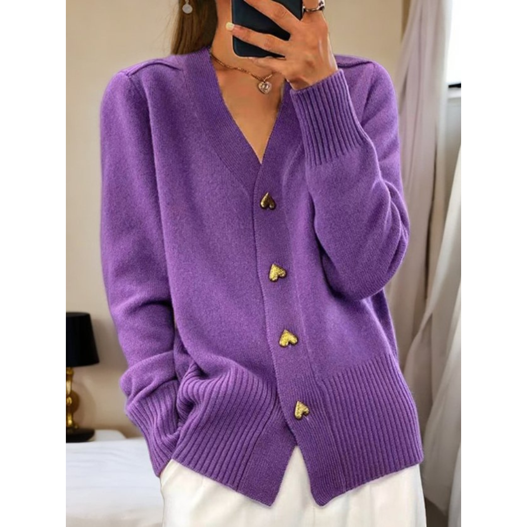 Chic Button-Up Cardigan with Gold Heart Accents Purple