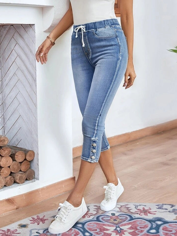 Pantalones Capri de Mezclilla para Mujer con Cintura Elástica y Cordón Ajustable