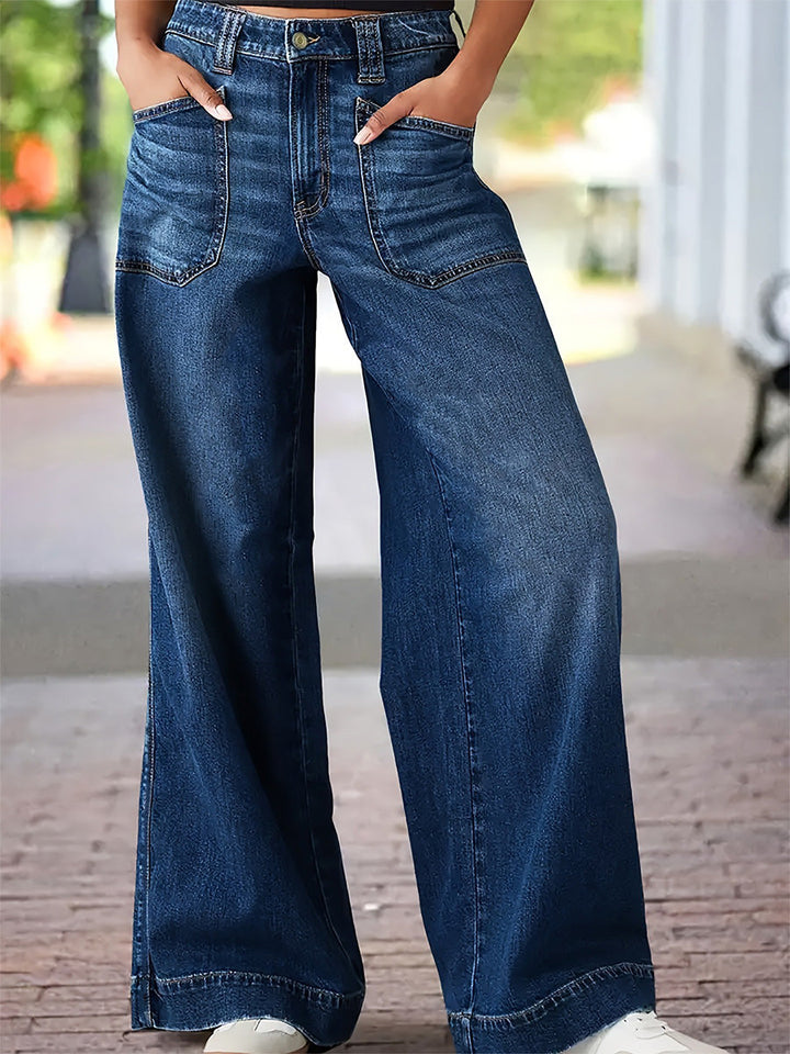 Damebukser i afslappet pasform med vide ben i denim