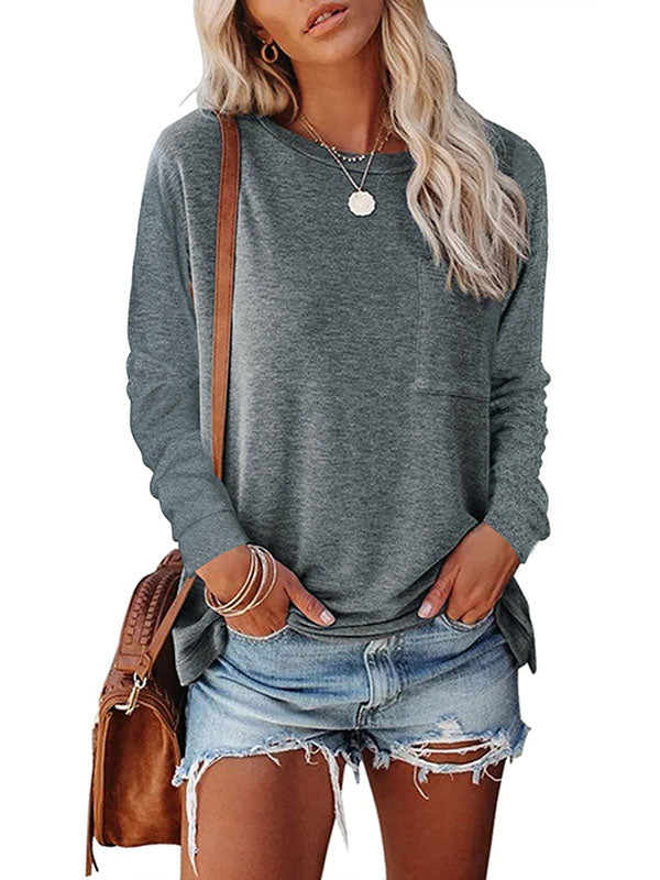Damen Freizeit T-Shirt mit Rundhalsausschnitt, Tasche und Schlitz