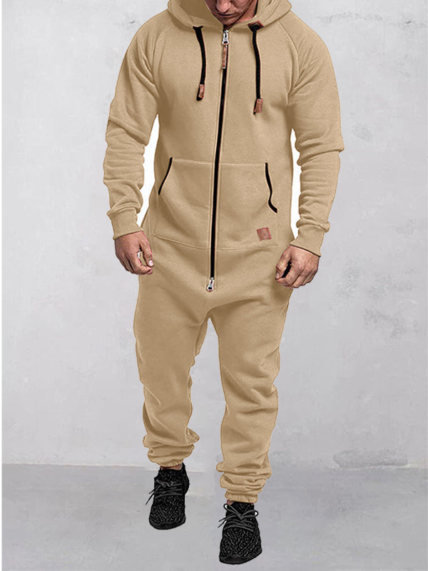 Herren-Jumpsuit aus Fleece mit Kapuze, Reißverschluss und einfarbigem Design