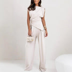 Women's Elegant Smart Casual Set: Relaxed Fit Waist-Length Top & High-Waisted Pleated Palazzo Pants White