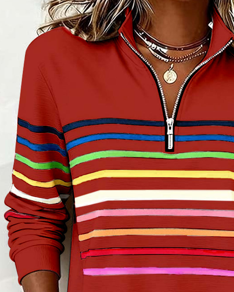 Arcadia | Sweat-shirt pour femme avec demi-fermeture éclair et rayures arc-en-ciel