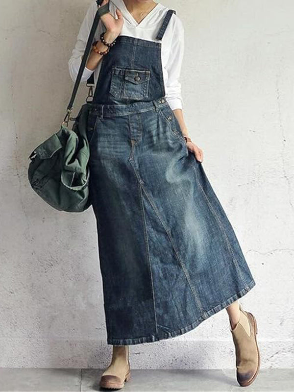 Women's Casual Vintage Back Slit Denim Overall Dress