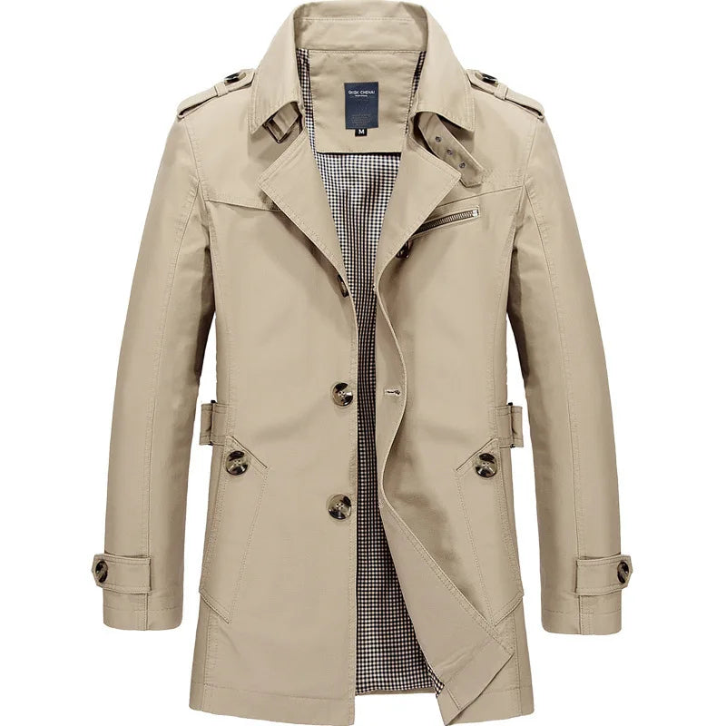 Men's Knee-Length Trench Coat with Belt – Timeless Style & Comfort Beige
